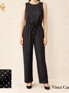 Vince Camuto Black Tie-Waist Sleeveless Jumpsuit Polka Dot Size 2